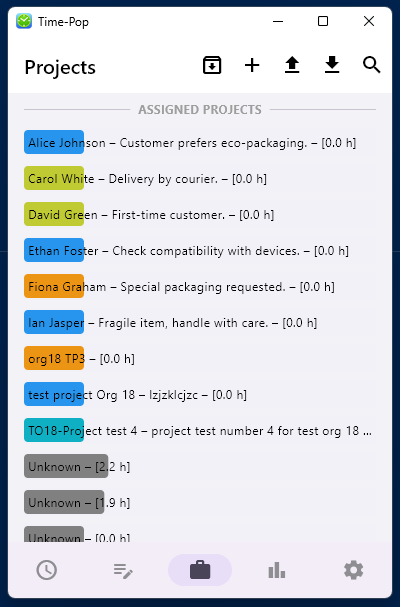 Project management panel with project names, status, and color labels