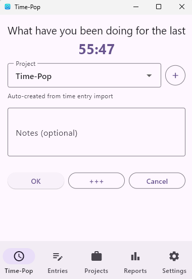 Time-Pop desktop time tracking app main window showing active timer and recent entries