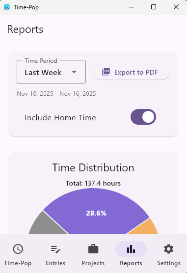 Time-Pop reporting screen with billable summaries and export options