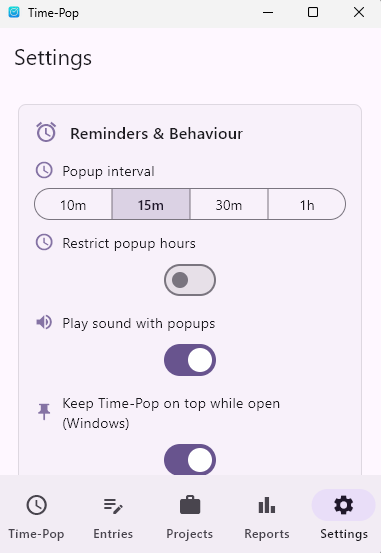 Time-Pop settings screen for language preferences and time tracking options
