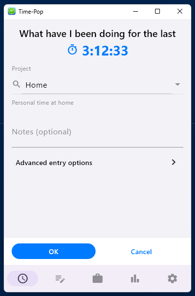 Main desktop interface showing timeline, project selector, and recent tracked tasks